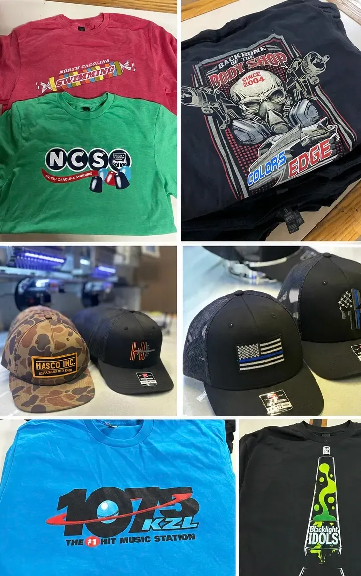 Custom screen-printed shirts and embroidered hats by Carolina Sports Accessories